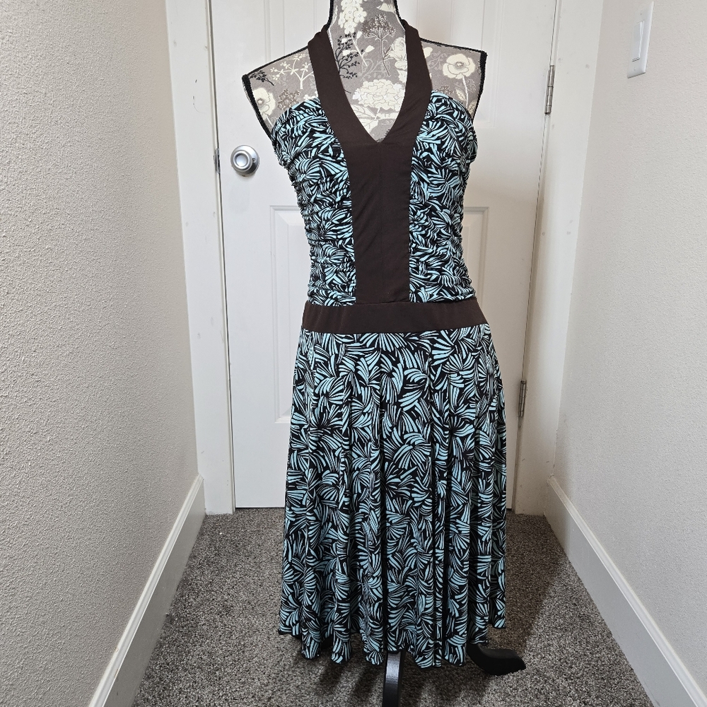 En Focus Halter Dress Y2K Brown Turquoise Size Medium Fit & Flare